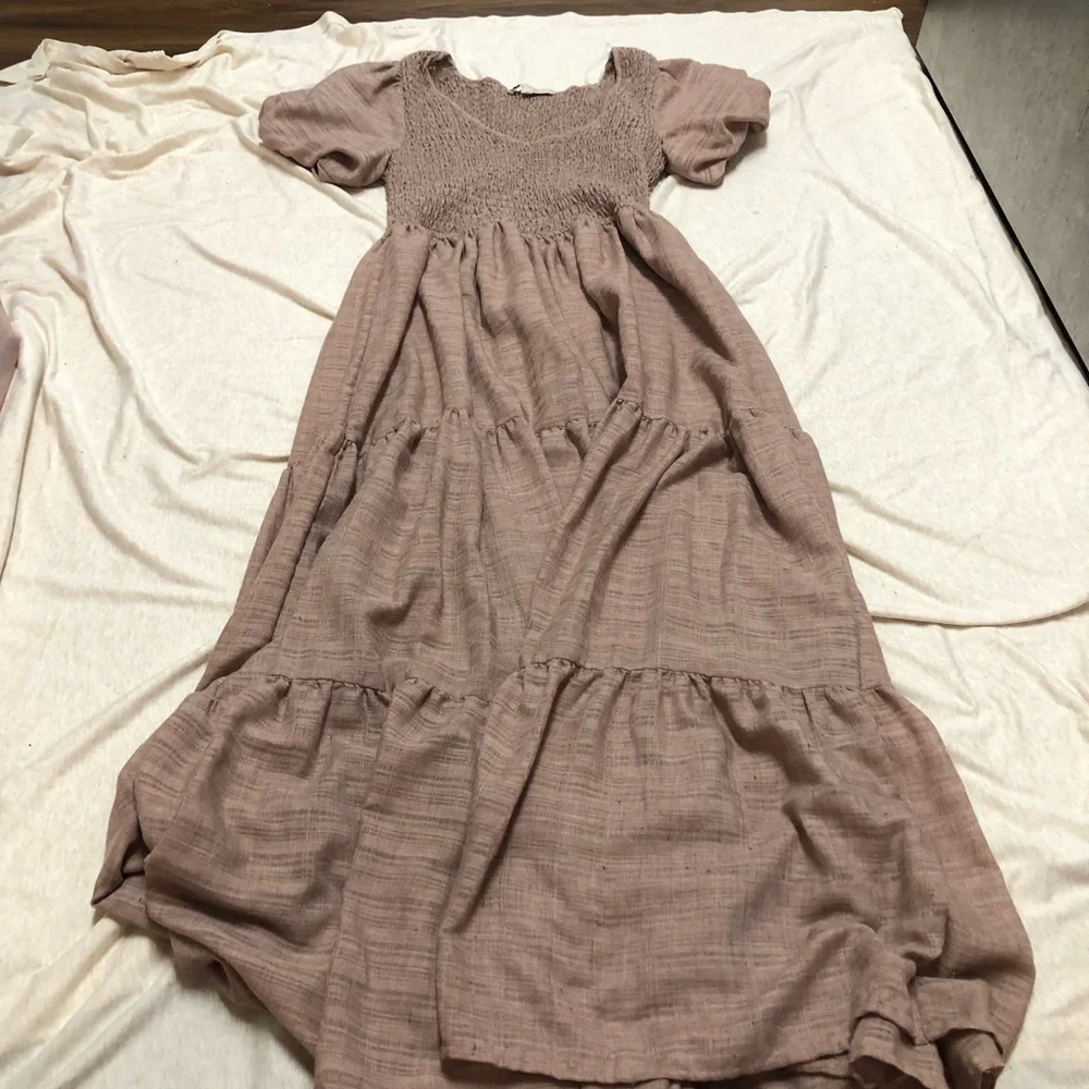 Milkmaid Peasant Style Smocked Dress w/ Tiered Skirt Flowy Cottagecore Feminine - Picture 1 of 10